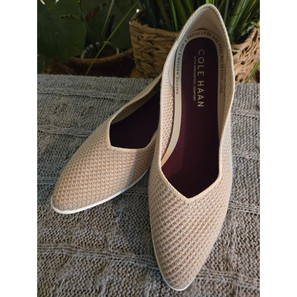 COLE HAAN Grand.OS Knit Ballet Flats Beige Tan Pointed Toe Washable Size 8.5B